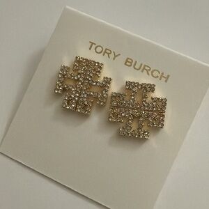 Tory Burch Gold Crystal Logo Stud Earrings